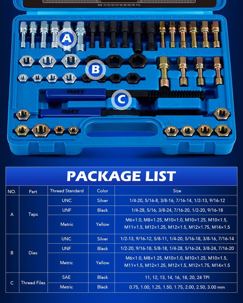 Orion Motor Tech 48 Piece Thread Chaser Set  Metric and SAE Thread Repair Kit with 22 Taps 24 Dies 2 Thread Files  Universal Rethreading Kit Thread Restorer Tool Set in UNC UNF Metric Sizes with Case - Image 3